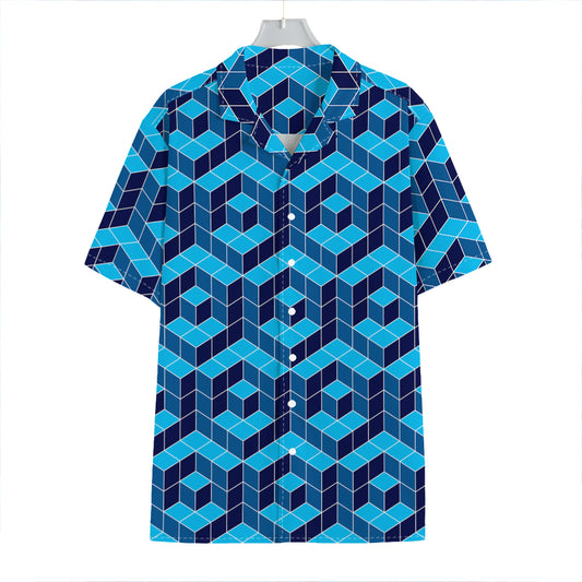 Blue Geometric Cube Shape Pattern Print Hawaiian Shirt