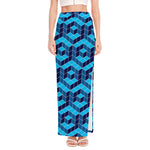 Blue Geometric Cube Shape Pattern Print High Slit Maxi Skirt