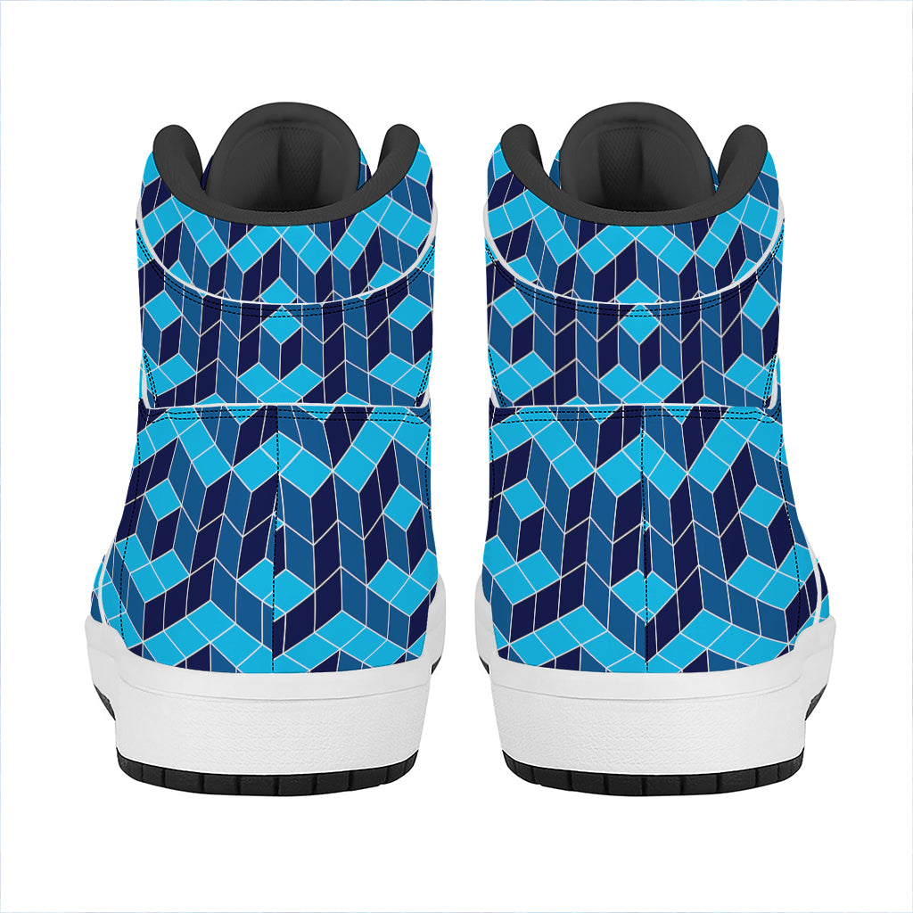 Blue Geometric Cube Shape Pattern Print High Top Leather Sneakers