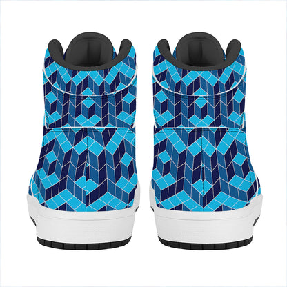Blue Geometric Cube Shape Pattern Print High Top Leather Sneakers