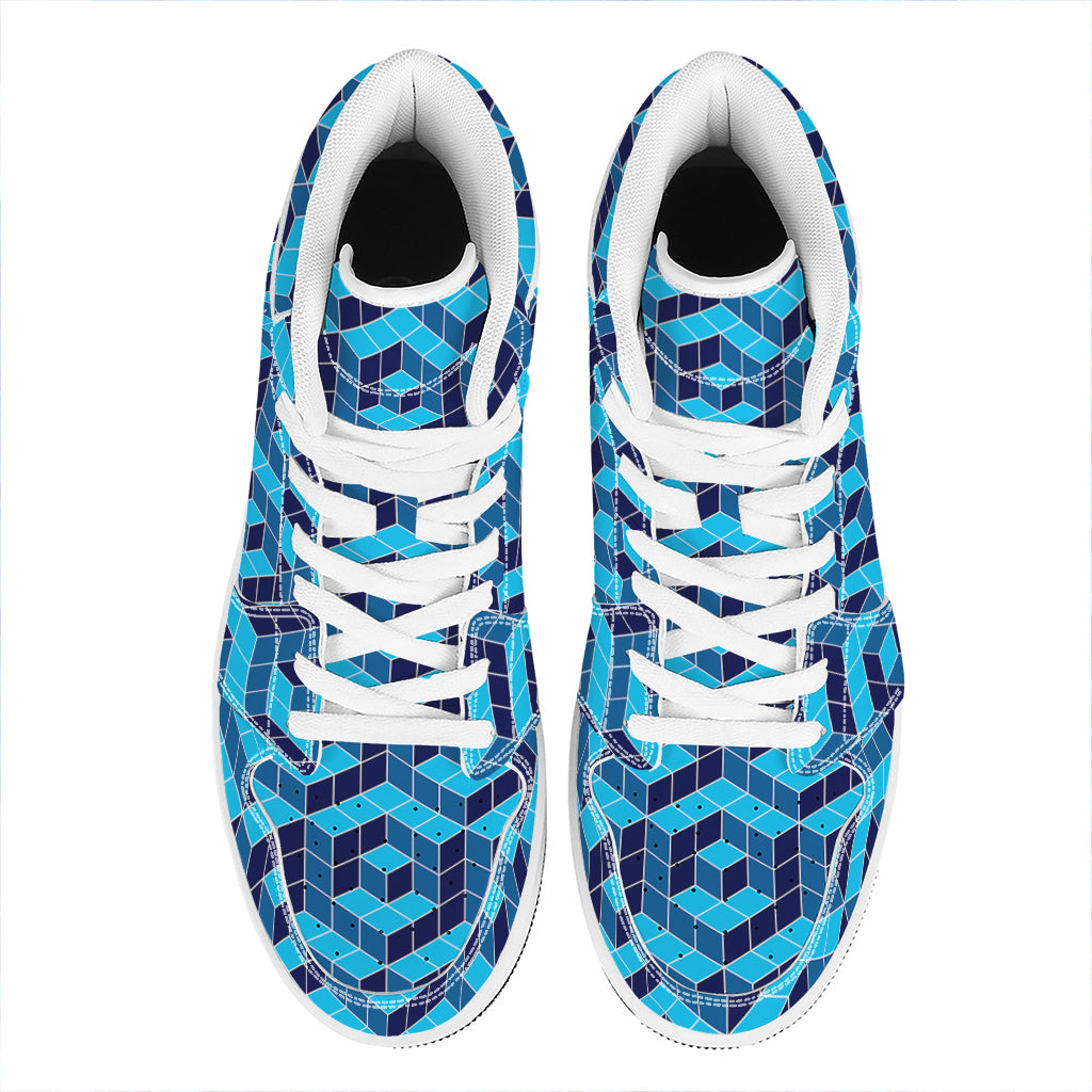 Blue Geometric Cube Shape Pattern Print High Top Leather Sneakers