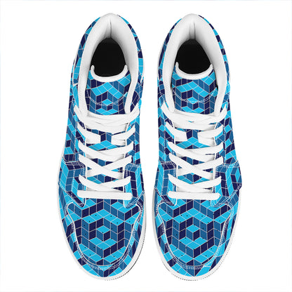 Blue Geometric Cube Shape Pattern Print High Top Leather Sneakers