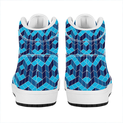 Blue Geometric Cube Shape Pattern Print High Top Leather Sneakers
