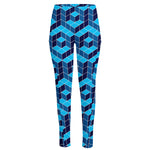 Blue Geometric Cube Shape Pattern Print High-Waisted Pocket Leggings