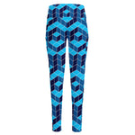 Blue Geometric Cube Shape Pattern Print High-Waisted Pocket Leggings