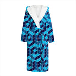 Blue Geometric Cube Shape Pattern Print Hooded Bathrobe