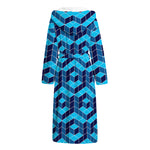Blue Geometric Cube Shape Pattern Print Hooded Bathrobe