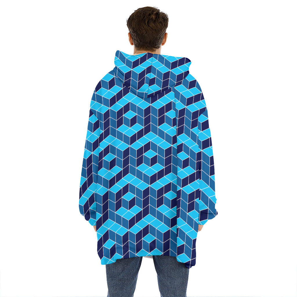 Blue Geometric Cube Shape Pattern Print Hoodie Blanket