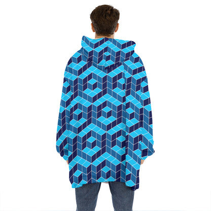 Blue Geometric Cube Shape Pattern Print Hoodie Blanket