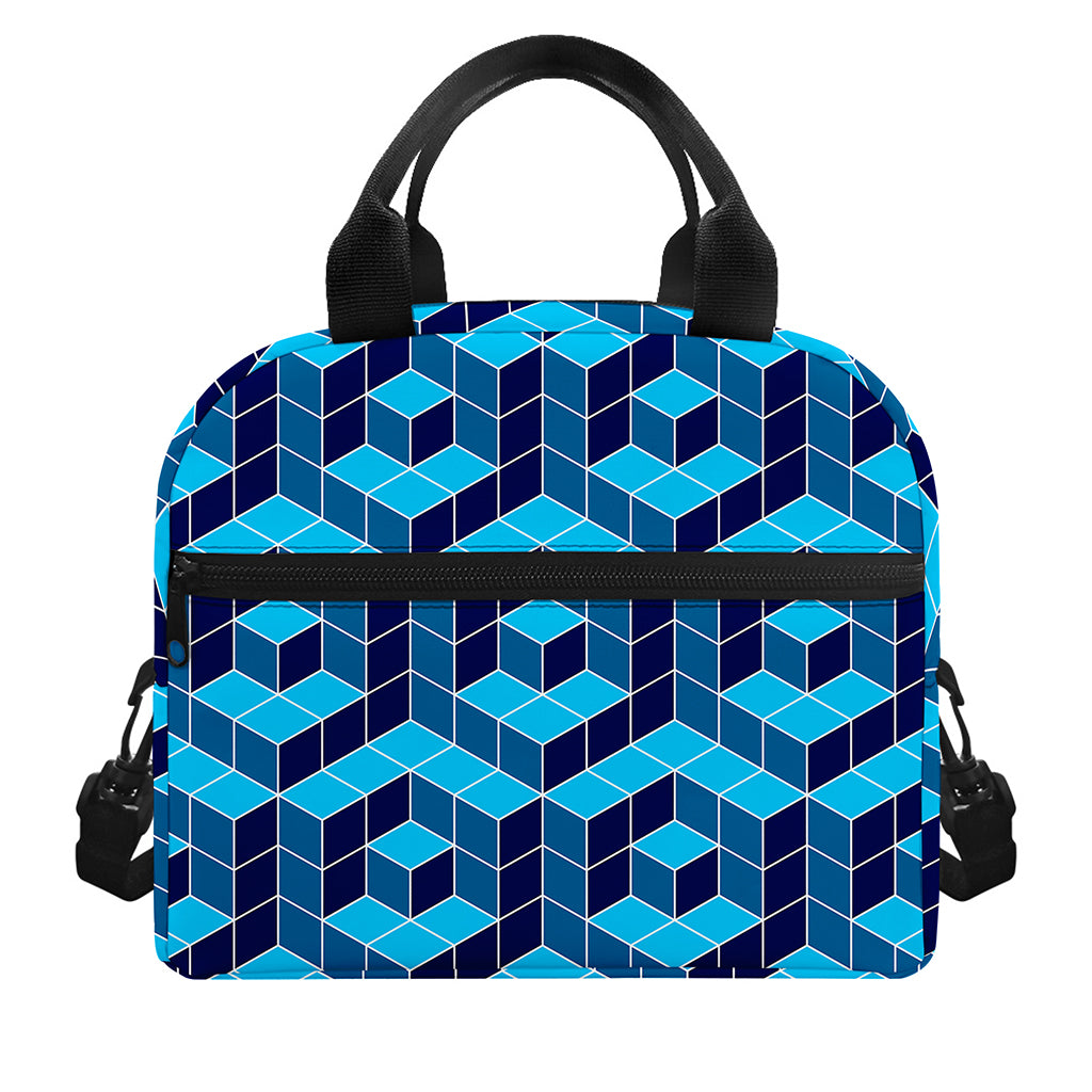 Blue Geometric Cube Shape Pattern Print Insulated Lunch Bag