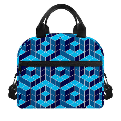 Blue Geometric Cube Shape Pattern Print Insulated Lunch Bag