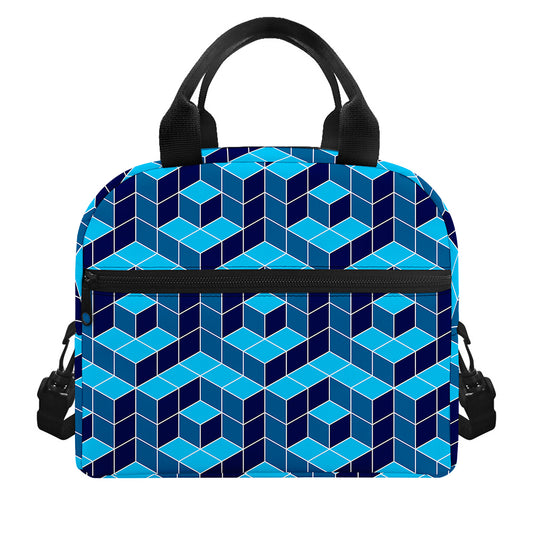 Blue Geometric Cube Shape Pattern Print Insulated Lunch Bag