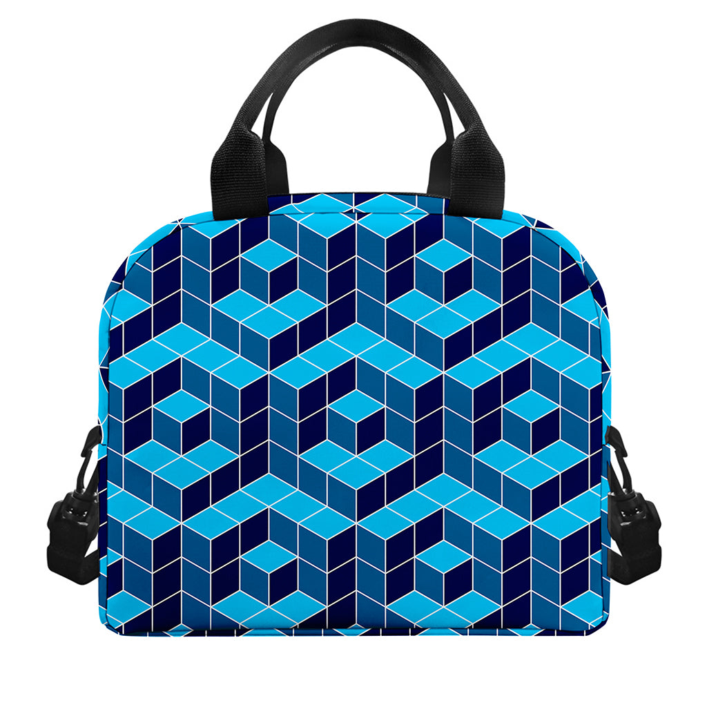 Blue Geometric Cube Shape Pattern Print Insulated Lunch Bag