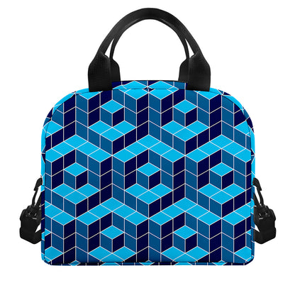 Blue Geometric Cube Shape Pattern Print Insulated Lunch Bag