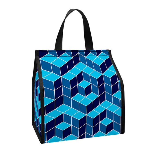 Blue Geometric Cube Shape Pattern Print Insulated Lunch Tote