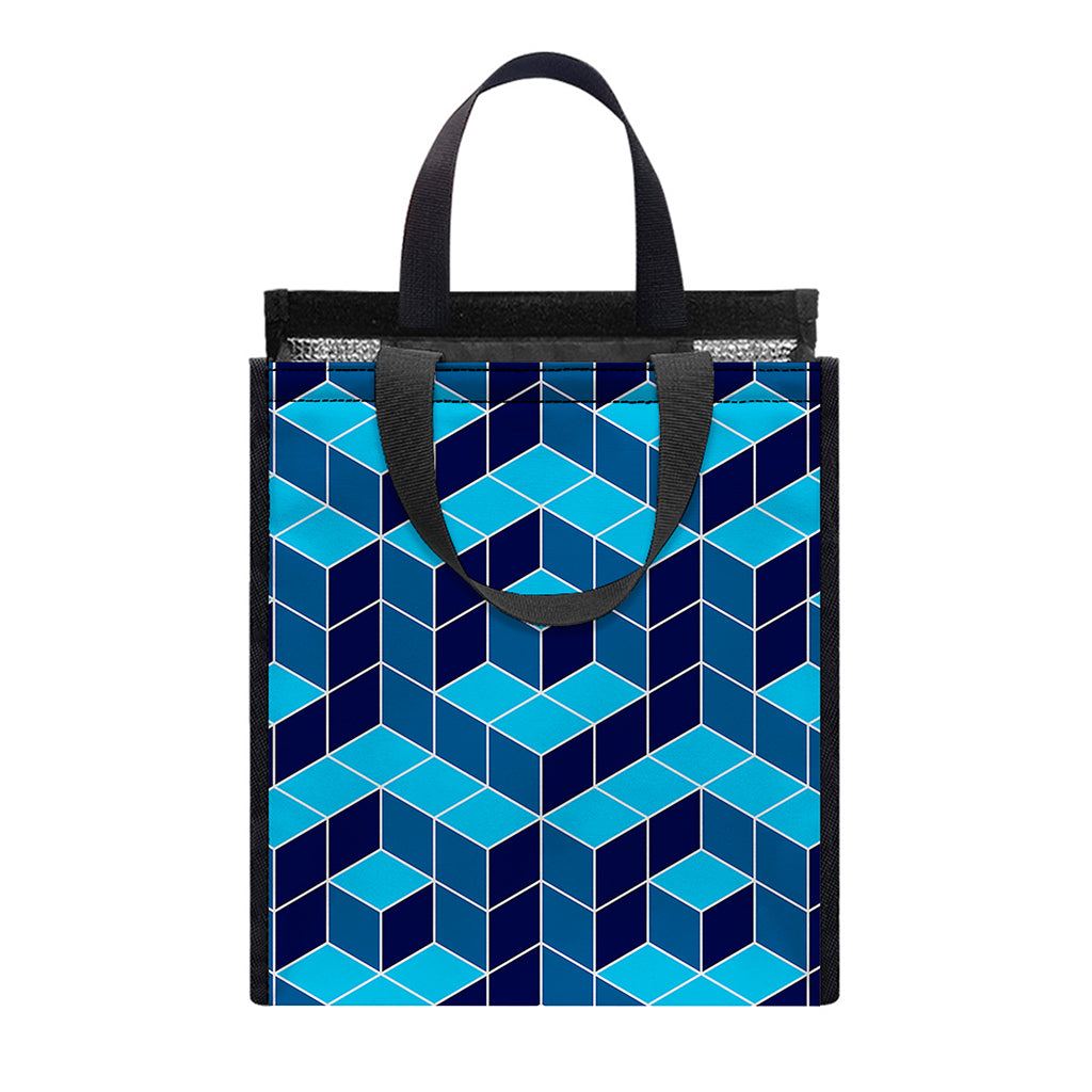 Blue Geometric Cube Shape Pattern Print Insulated Lunch Tote