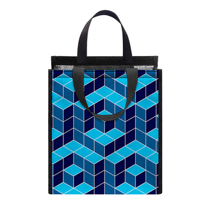 Blue Geometric Cube Shape Pattern Print Insulated Lunch Tote