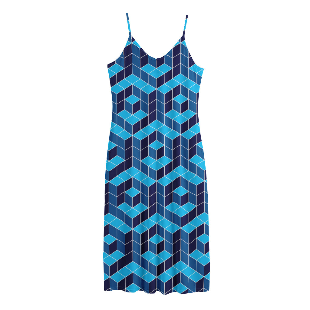 Blue Geometric Cube Shape Pattern Print Jersey Midi Cami Dress