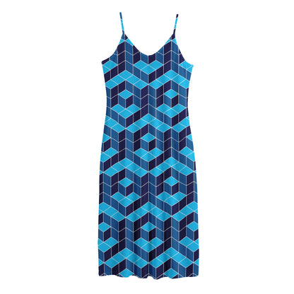 Blue Geometric Cube Shape Pattern Print Jersey Midi Cami Dress