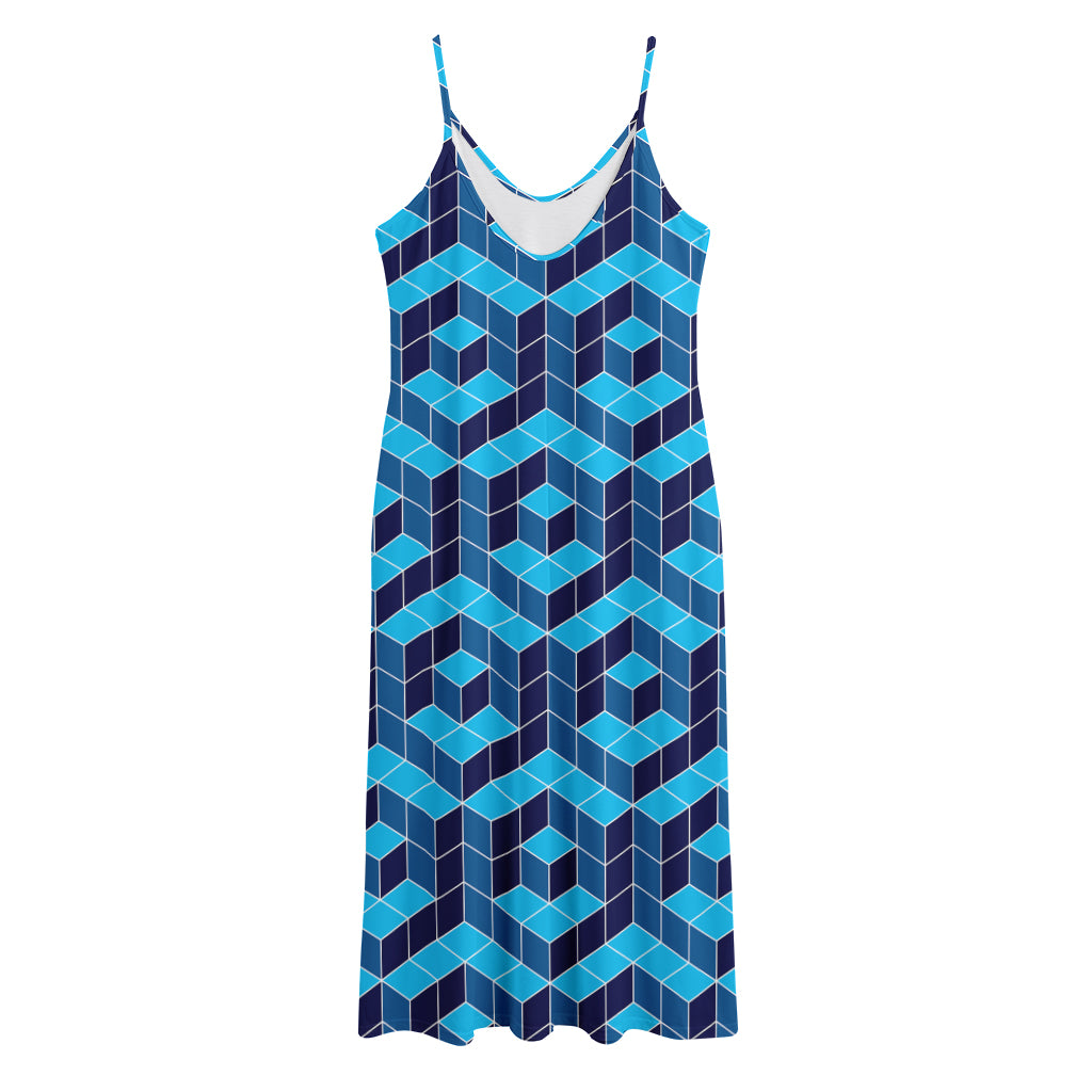 Blue Geometric Cube Shape Pattern Print Jersey Midi Cami Dress