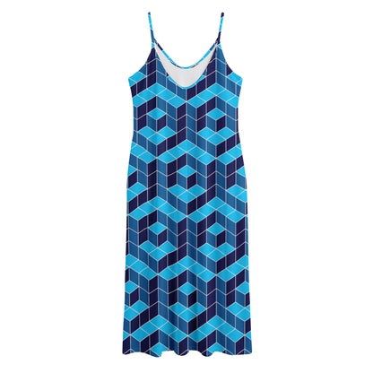 Blue Geometric Cube Shape Pattern Print Jersey Midi Cami Dress