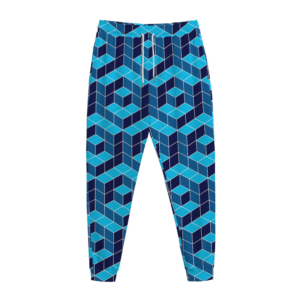 Blue Geometric Cube Shape Pattern Print Jogger Pants