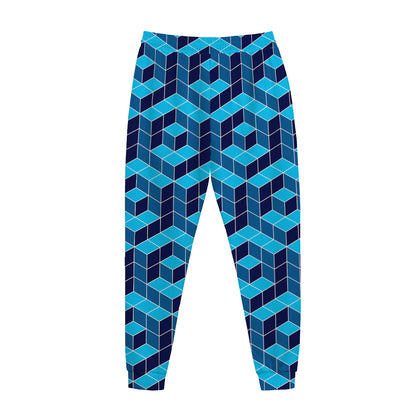 Blue Geometric Cube Shape Pattern Print Jogger Pants