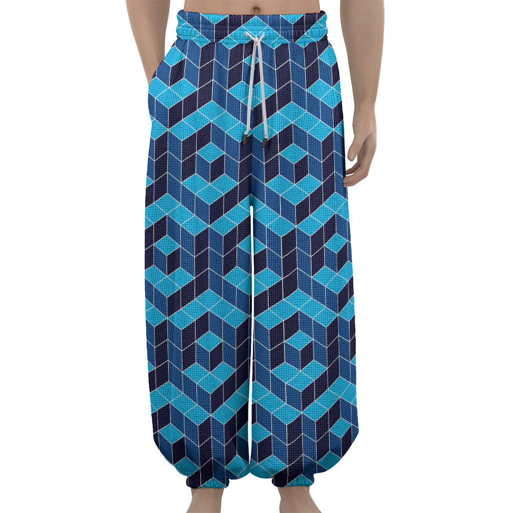 Blue Geometric Cube Shape Pattern Print Lantern Pants