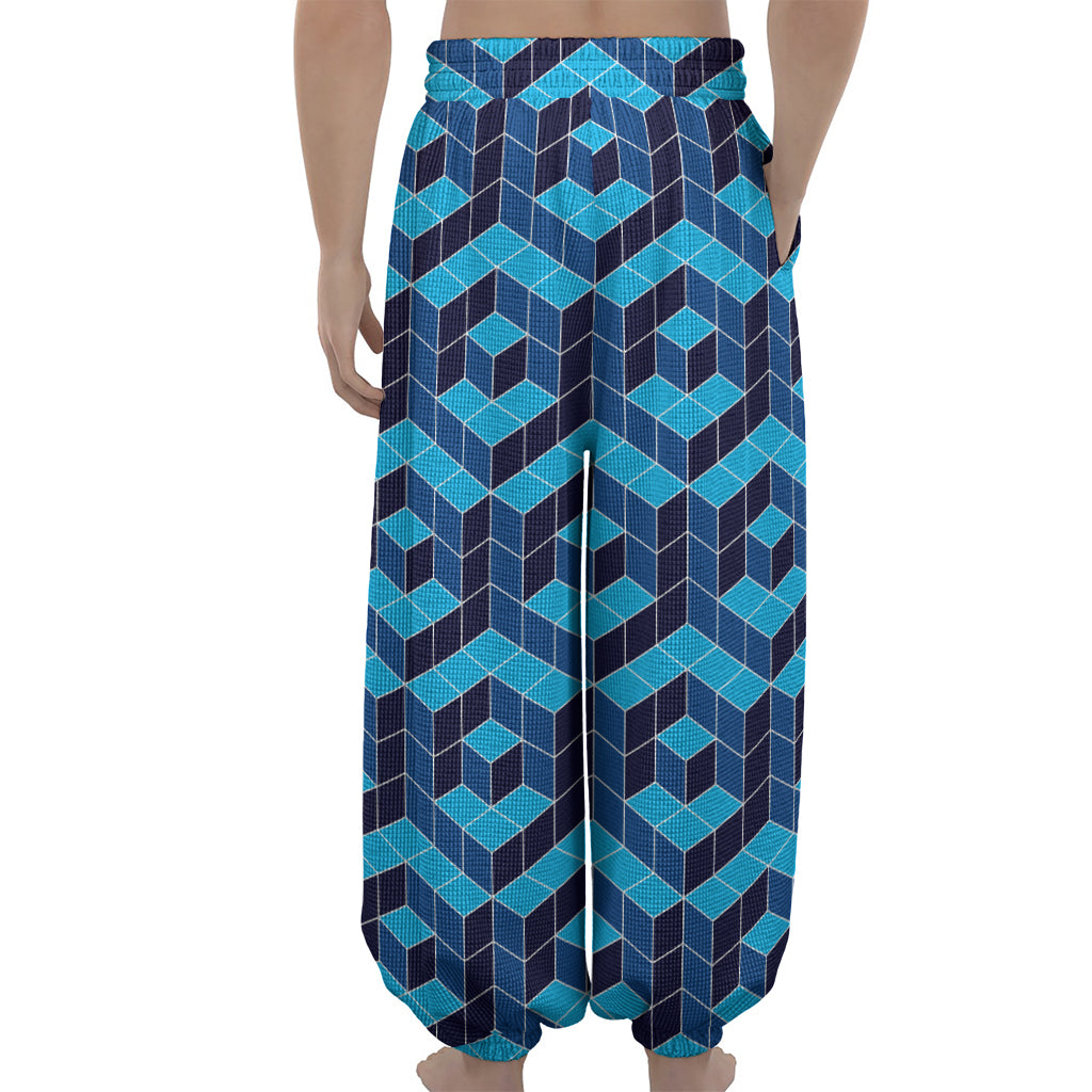 Blue Geometric Cube Shape Pattern Print Lantern Pants