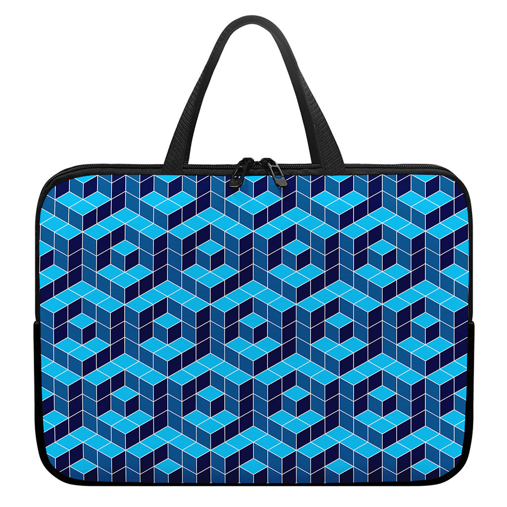 Blue Geometric Cube Shape Pattern Print Laptop Sleeve With Handle