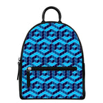 Blue Geometric Cube Shape Pattern Print Leather Backpack