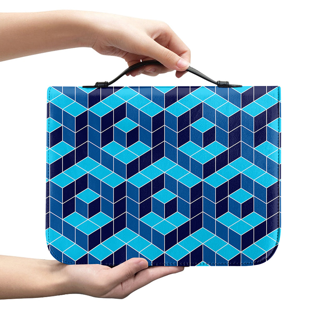 Blue Geometric Cube Shape Pattern Print Leather Bible Cover