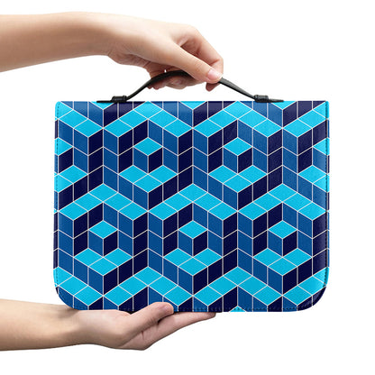 Blue Geometric Cube Shape Pattern Print Leather Bible Cover