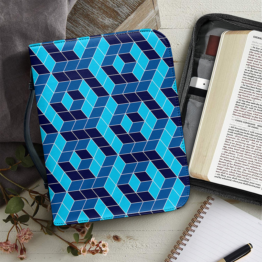 Blue Geometric Cube Shape Pattern Print Leather Bible Cover