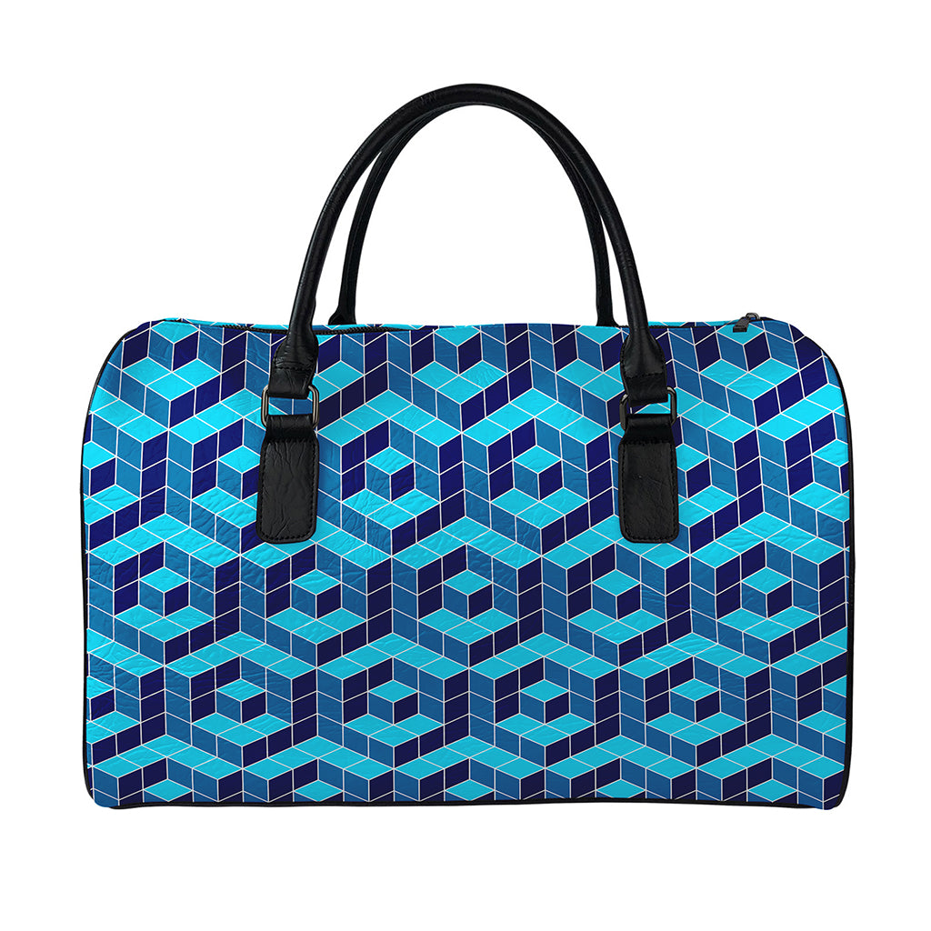 Blue Geometric Cube Shape Pattern Print Leather Duffle Bag