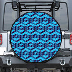 Blue Geometric Cube Shape Pattern Print Leather Spare Tire Cover