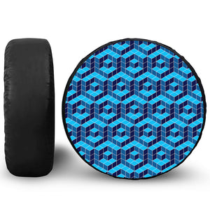 Blue Geometric Cube Shape Pattern Print Leather Spare Tire Cover