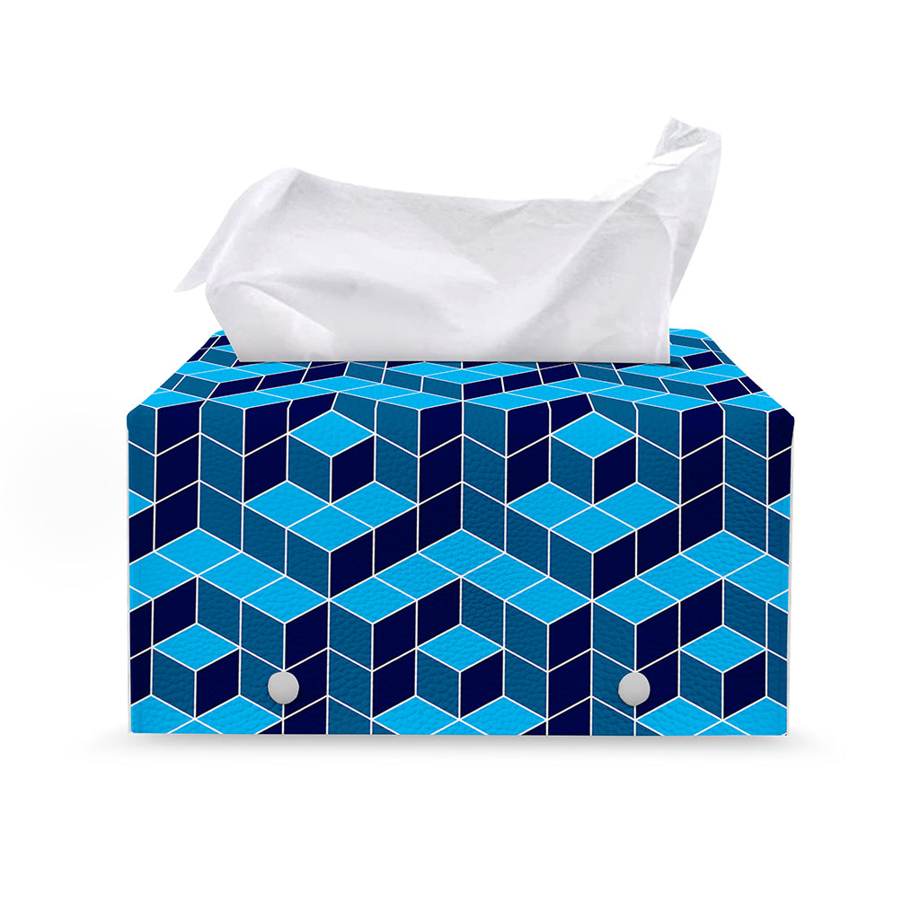 Blue Geometric Cube Shape Pattern Print Leather Tissue Box Cover