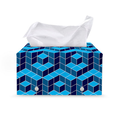 Blue Geometric Cube Shape Pattern Print Leather Tissue Box Cover