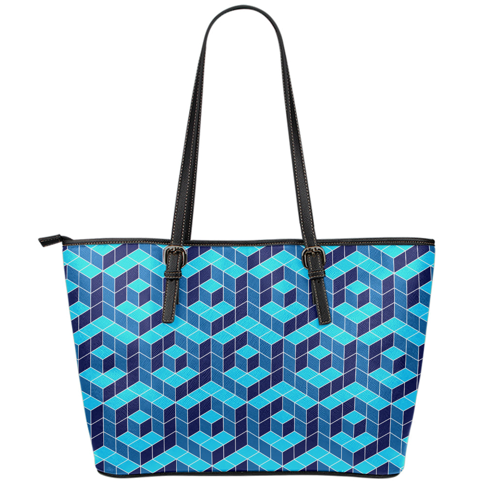 Blue Geometric Cube Shape Pattern Print Leather Tote Bag