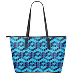 Blue Geometric Cube Shape Pattern Print Leather Tote Bag