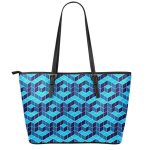 Blue Geometric Cube Shape Pattern Print Leather Tote Bag