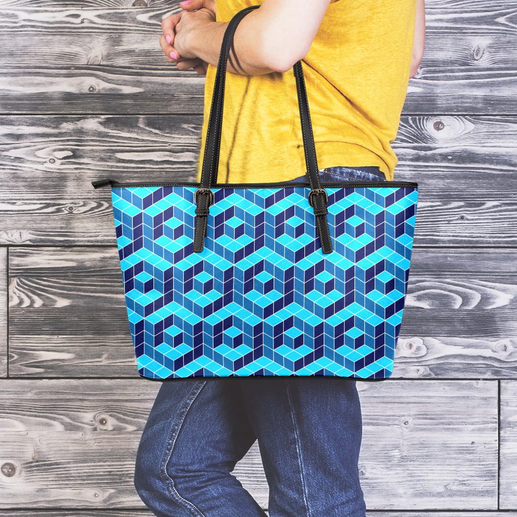 Blue Geometric Cube Shape Pattern Print Leather Tote Bag