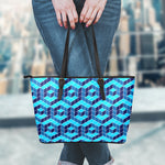 Blue Geometric Cube Shape Pattern Print Leather Tote Bag