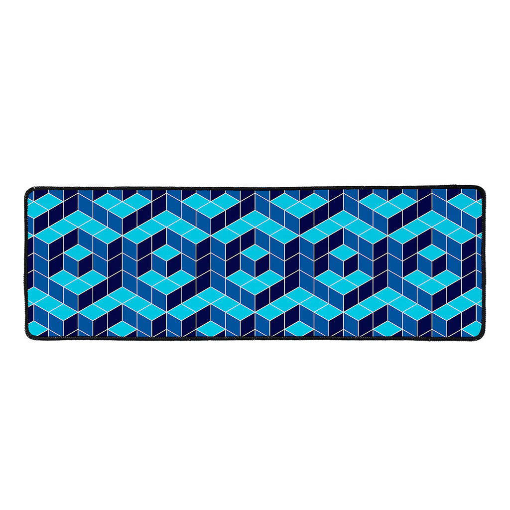 Blue Geometric Cube Shape Pattern Print Long Kitchen Mat
