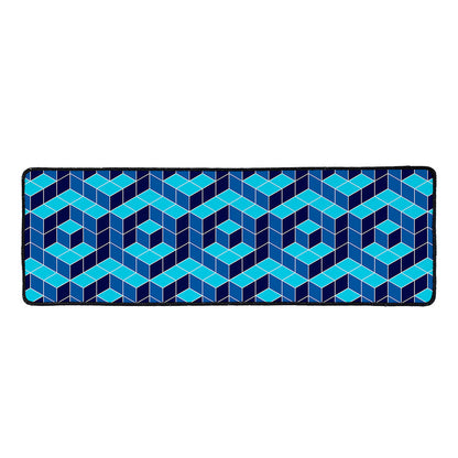 Blue Geometric Cube Shape Pattern Print Long Kitchen Mat