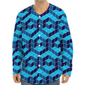 Blue Geometric Cube Shape Pattern Print Long Sleeve Baseball Jersey