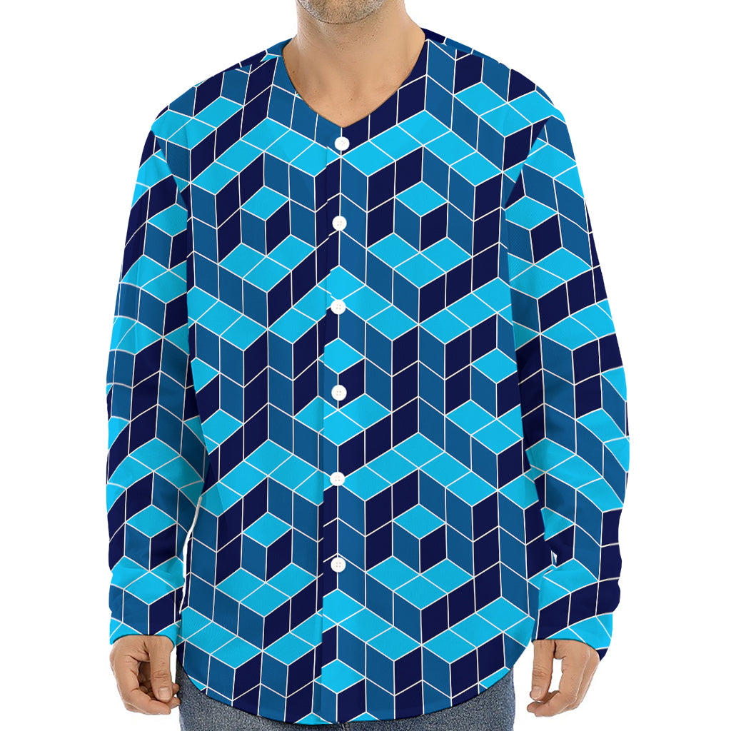 Blue Geometric Cube Shape Pattern Print Long Sleeve Baseball Jersey