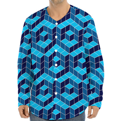 Blue Geometric Cube Shape Pattern Print Long Sleeve Baseball Jersey