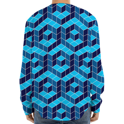 Blue Geometric Cube Shape Pattern Print Long Sleeve Baseball Jersey